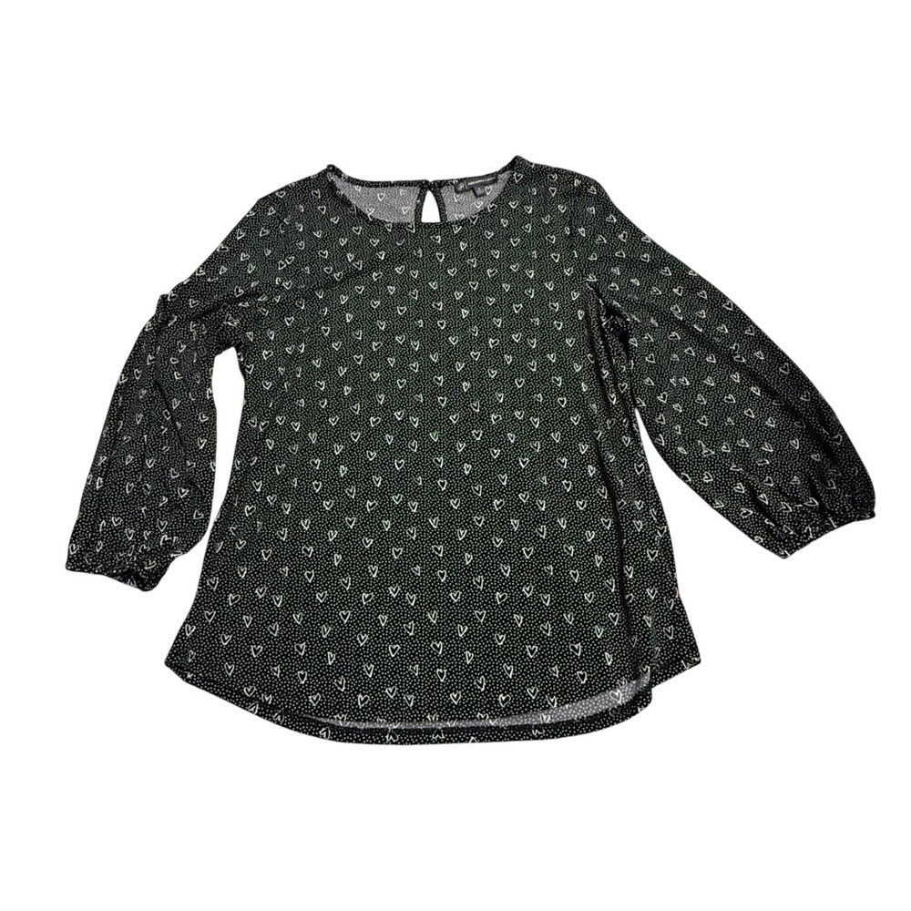 Adrianna Papell Blouse Heart Print‎ Long Sleeve Top Black Casual Size S